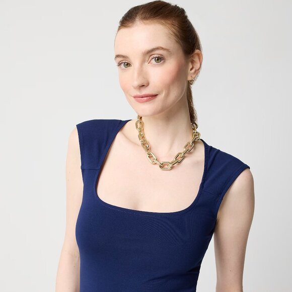 J. Crew Cap-Sleeve Stretch Cotton-Blend Squareneck Tank Top in Antique Navy - Picture 3 of 5